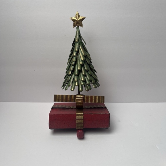 Christmas Tree Holiday Holder Shabby Style Green Red Gold Bow Washed Look - Picture 1 of 5